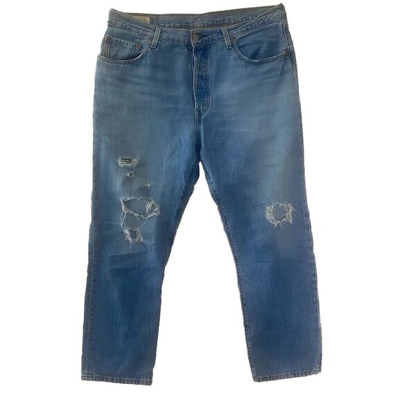 Levis 501 Button Fly Jeans 32/26 Big E Jeans Straight Leg Distressed - Picture 1 of 16